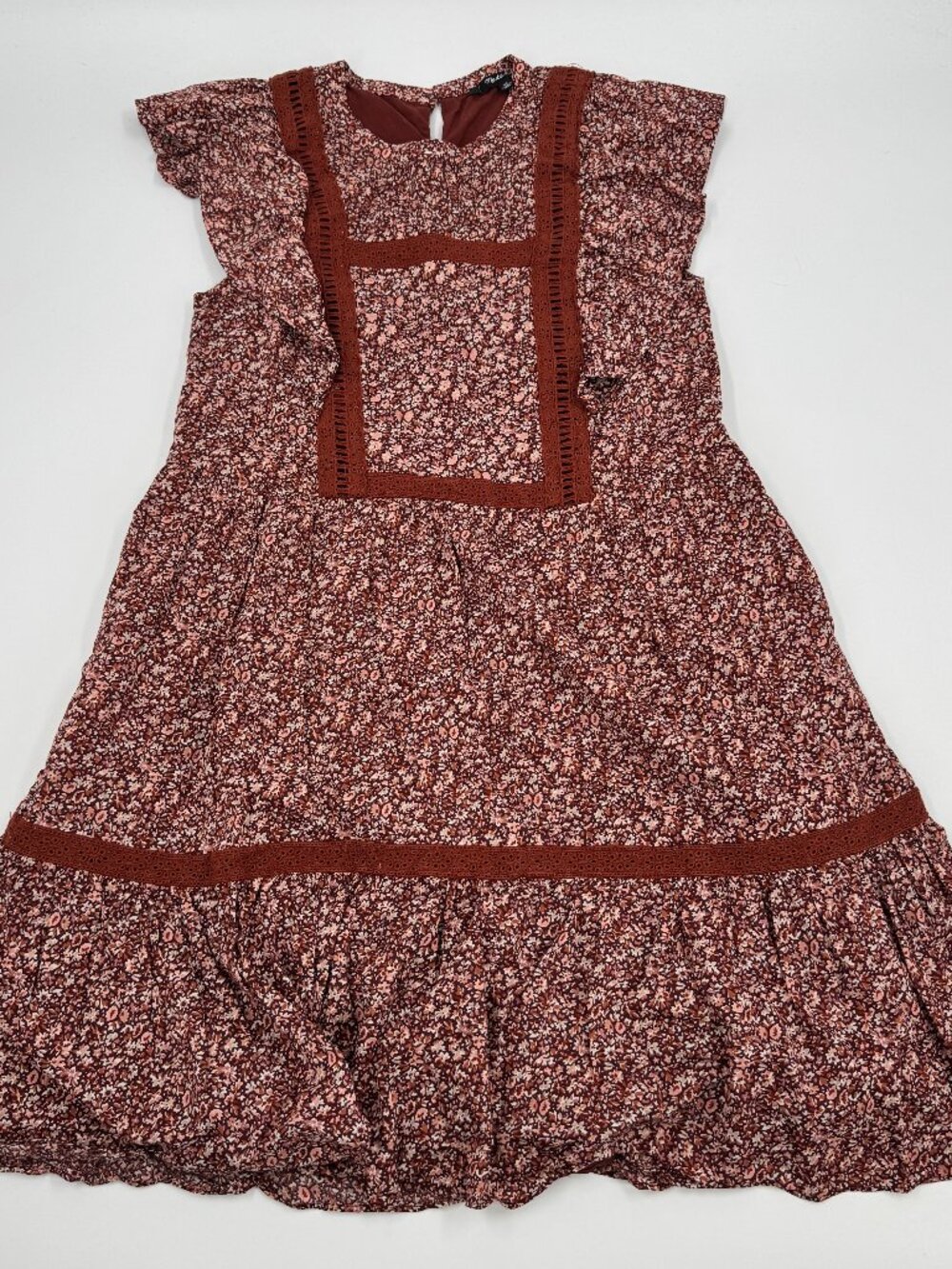 Madewell Floral Mini Dress Womens XS Rust Burgundy Flutter‎ Sleeve Tiered Boho